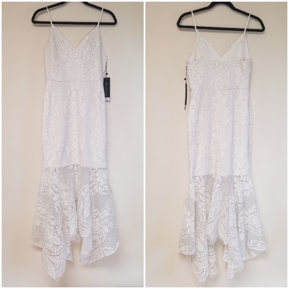 Shona Joy Lace Cocktail Handkerchief Hem Dress - Picture 3 of 8